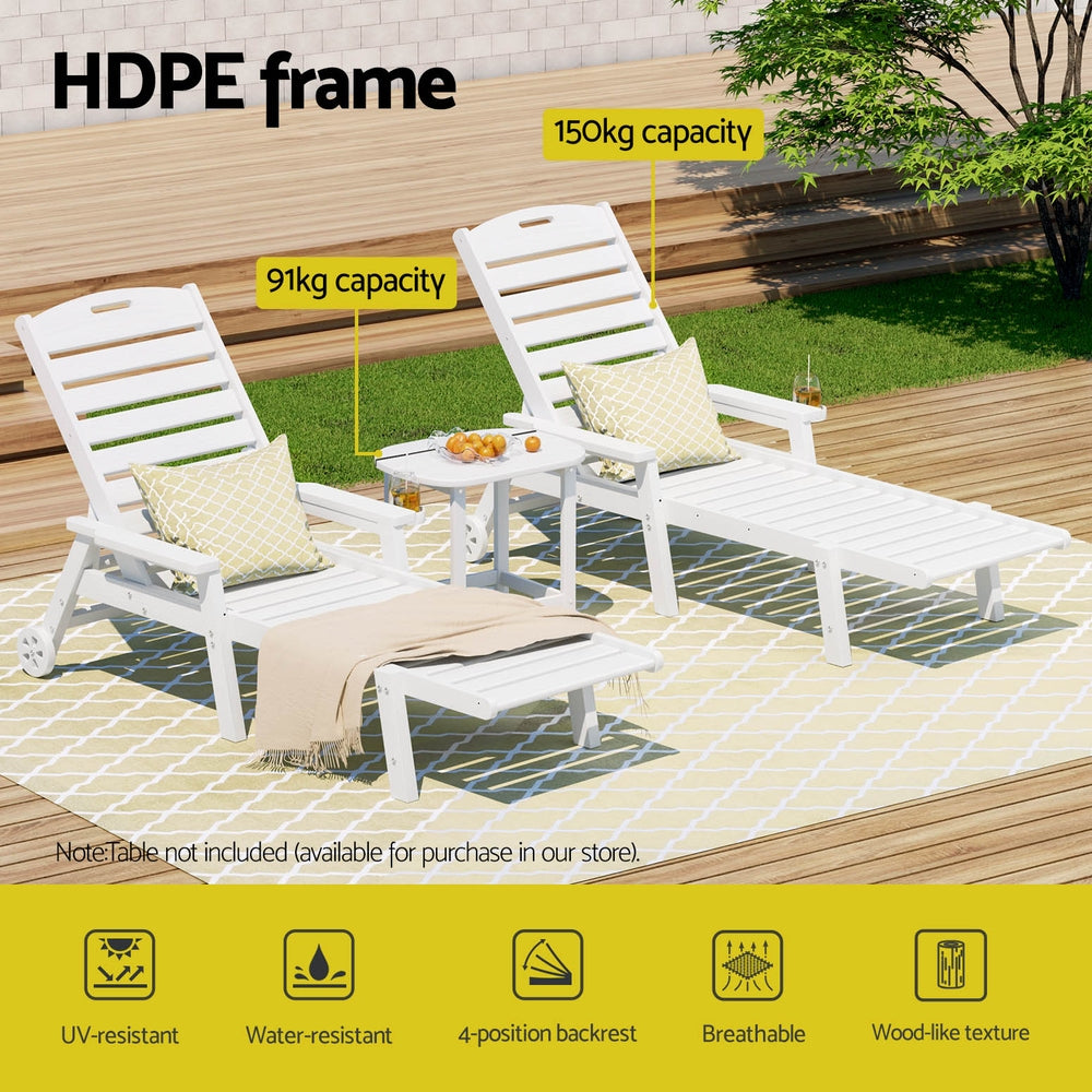Nyelle 3PC Sun Lounge Beach Chair HDPE Patio Outdoor Furniture with Wheels - White
