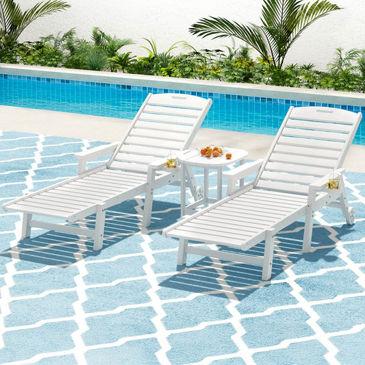 Nyelle 3PC Sun Lounge Beach Chair HDPE Patio Outdoor Furniture with Wheels - White