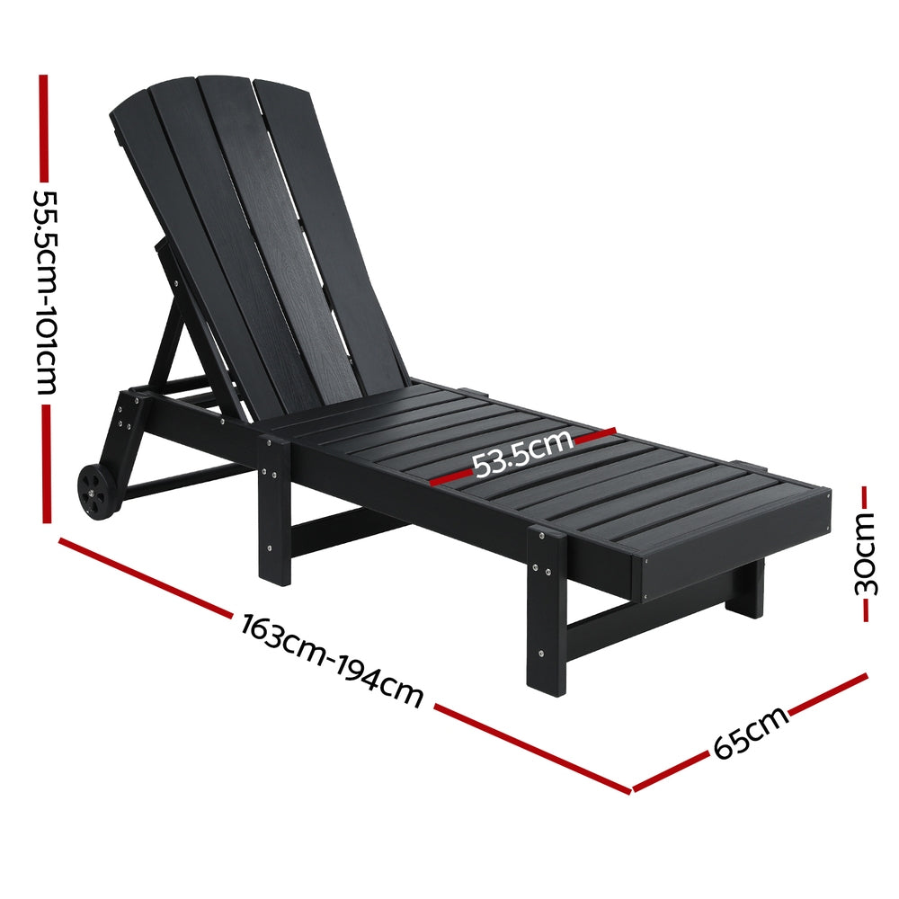 Lindau Sun Lounge Beach Chair HDPE Adirondack Lounger Patio Outdoor Furniture with Wheels - Black