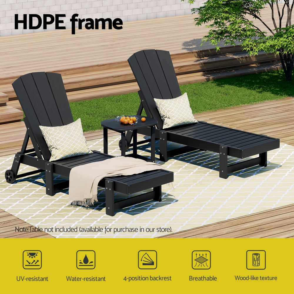 Lindau Sun Lounge Beach Chair HDPE Adirondack Lounger Patio Outdoor Furniture with Wheels - Black