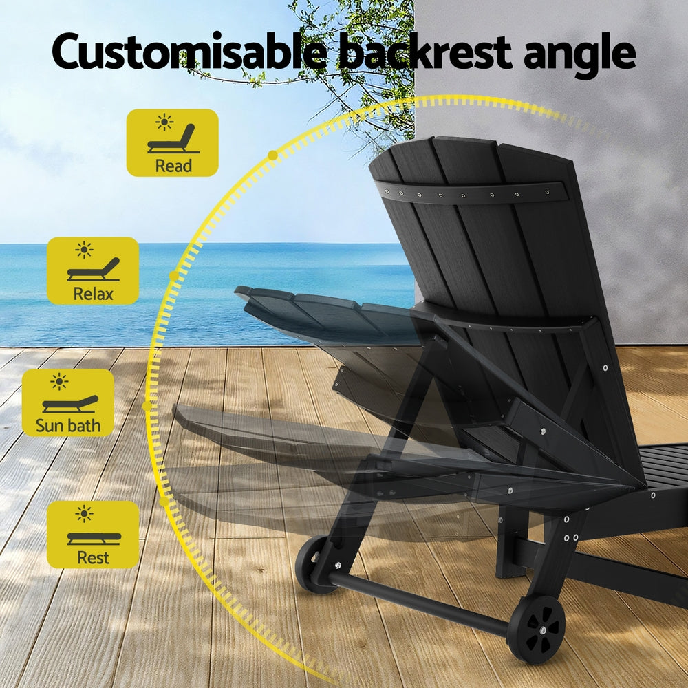 Lindau Sun Lounge Beach Chair HDPE Adirondack Lounger Patio Outdoor Furniture with Wheels - Black