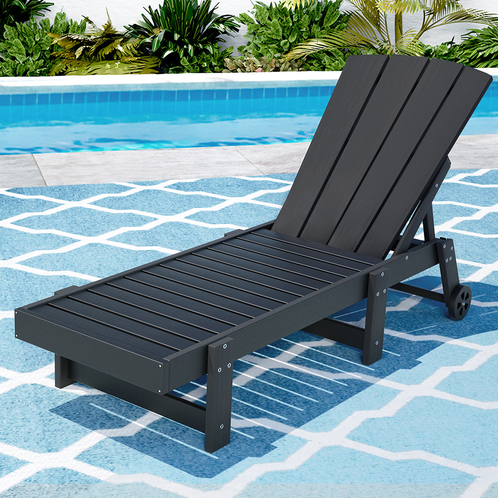 Lindau Sun Lounge Beach Chair HDPE Adirondack Lounger Patio Outdoor Furniture with Wheels - Black