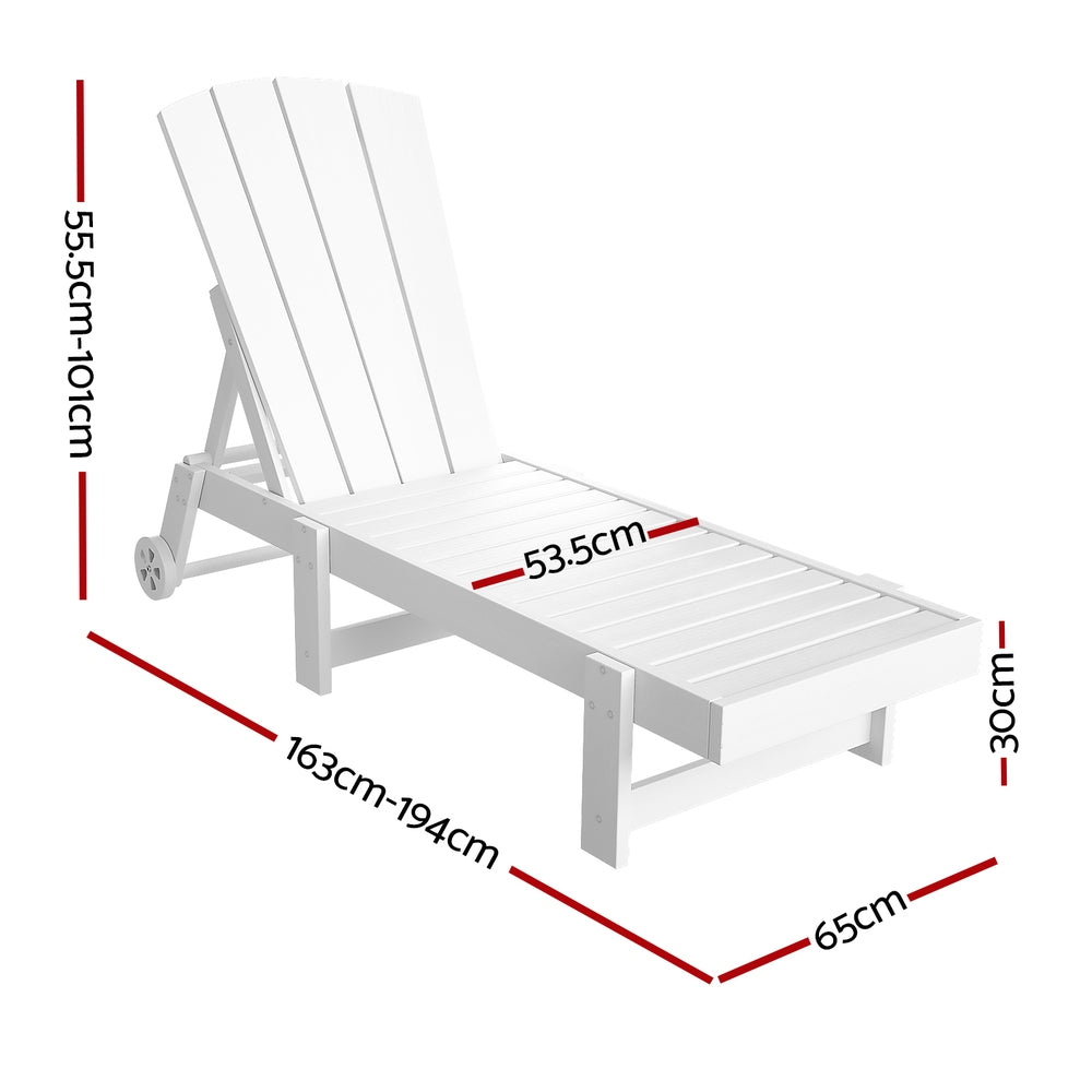 Lindau Sun Lounge Beach Chair HDPE Adirondack Lounger Patio Outdoor Furniture with Wheels - White
