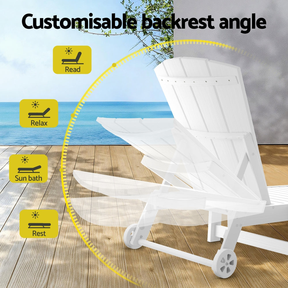 Lindau Sun Lounge Beach Chair HDPE Adirondack Lounger Patio Outdoor Furniture with Wheels - White