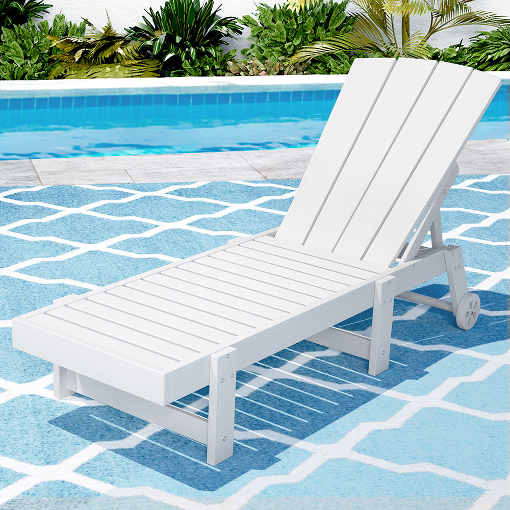 Lindau Sun Lounge Beach Chair HDPE Adirondack Lounger Patio Outdoor Furniture with Wheels - White