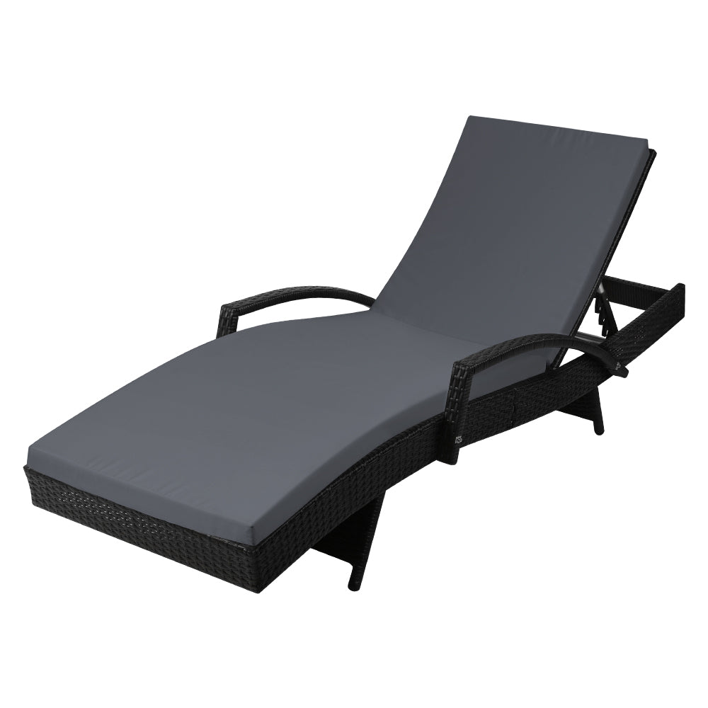 Ashby Outdoor Sun Lounge Wicker with Armrest Chair and Cushion - Black