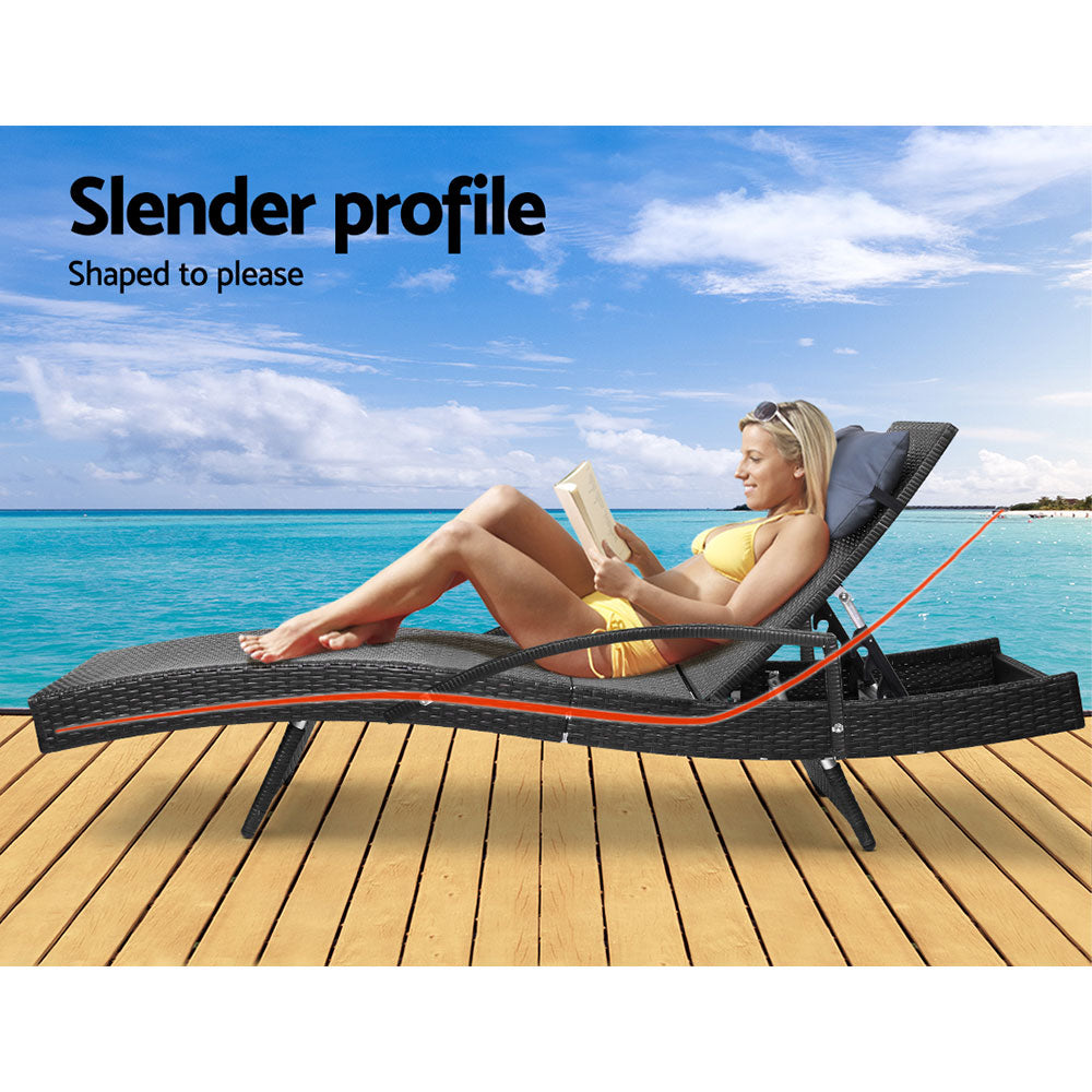 Silsden Outdoor Sun Lounge Wicker with Armrest Chair and Pillow - Black