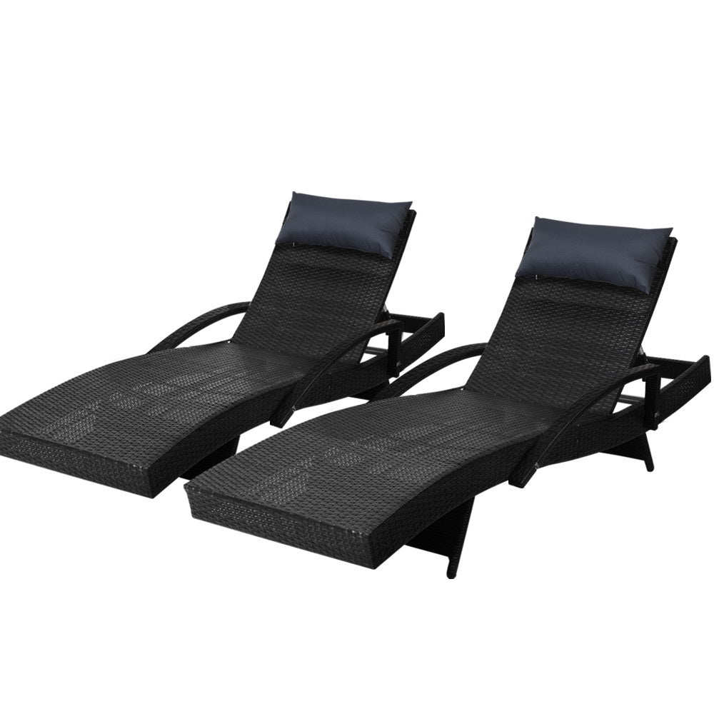 Silsden Set of 2 Outdoor Sun Lounge Wicker with Armrest Chair and Pillow - Black