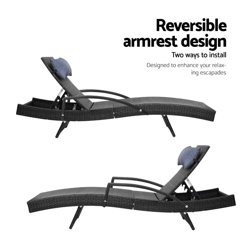 Silsden Set of 2 Outdoor Sun Lounge Wicker with Armrest Chair and Pillow - Black