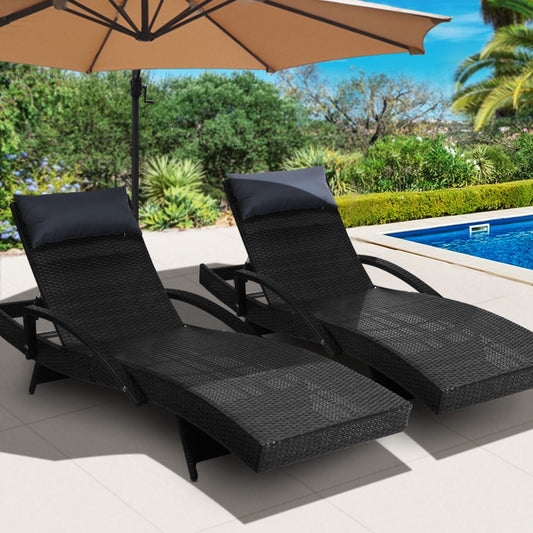 Silsden Set of 2 Outdoor Sun Lounge Wicker with Armrest Chair and Pillow - Black