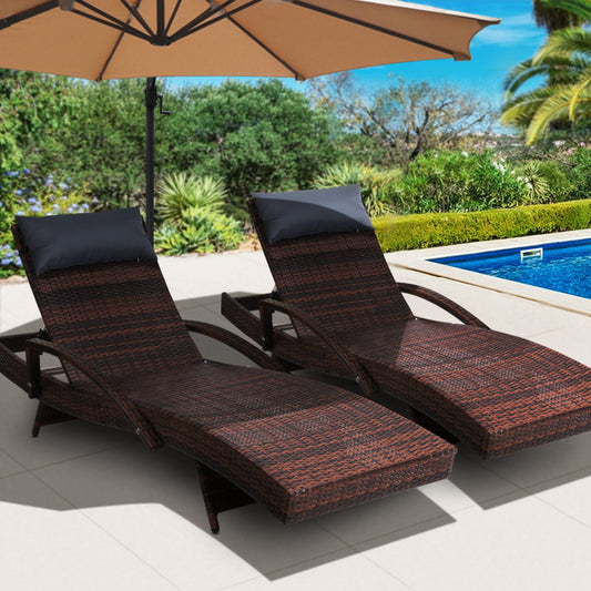 Silsden Set of 2 Outdoor Sun Lounge Wicker with Armrest Chair and Pillow - Brown