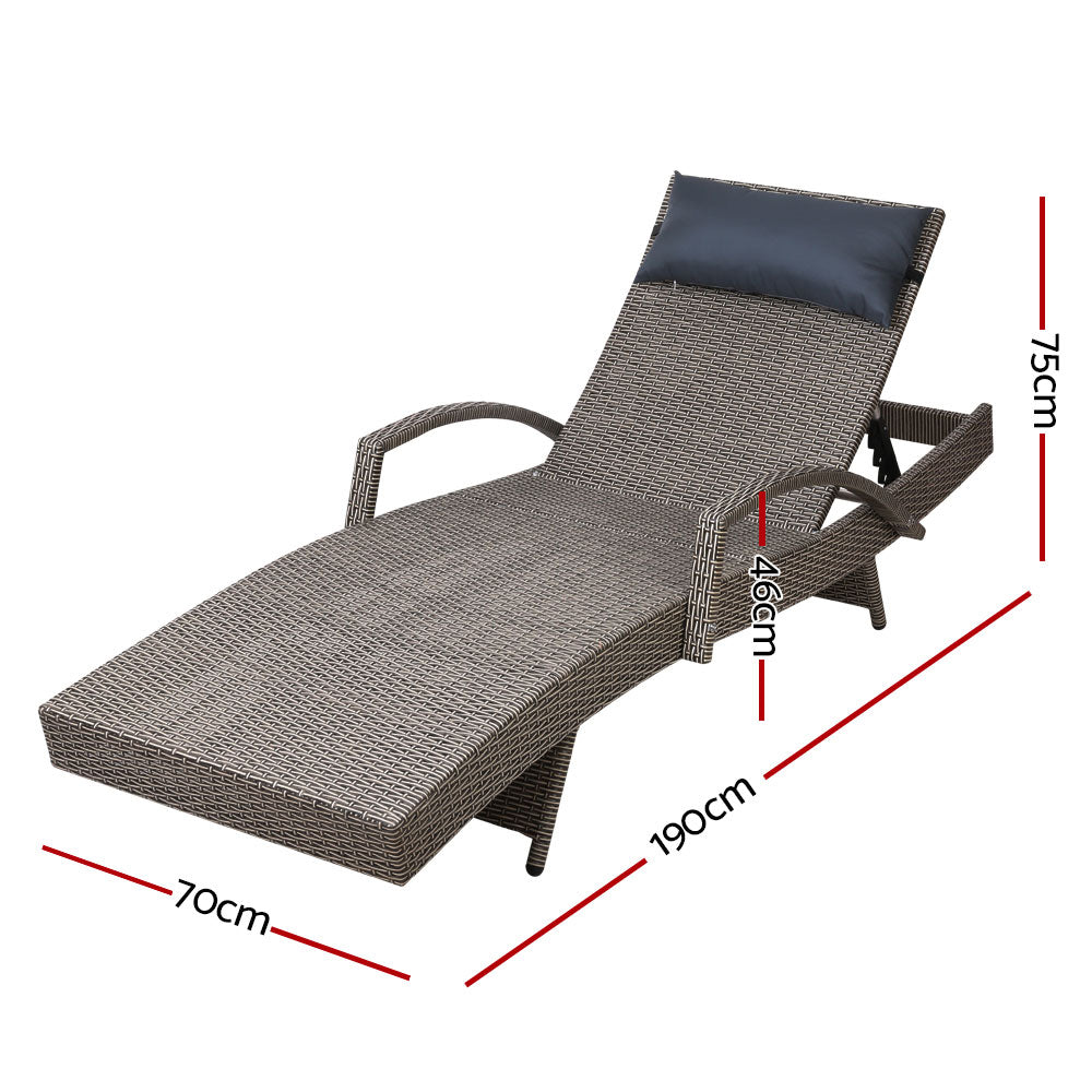 Silsden Set of 2 Outdoor Sun Lounge Wicker with Armrest Chair and Pillow - Grey