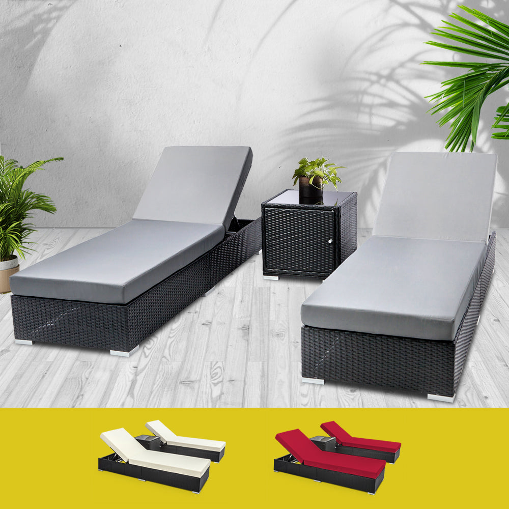 Herbert 3-Piece Outdoor Sun Lounge Wicker Chair with Cushion - Black