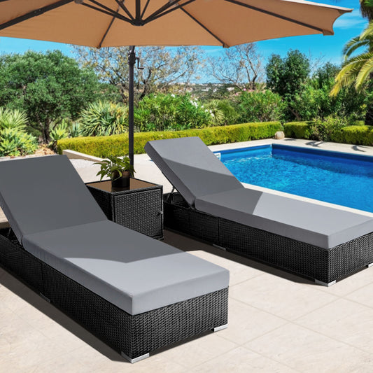 Herbert 3-Piece Outdoor Sun Lounge Wicker Chair with Cushion - Black