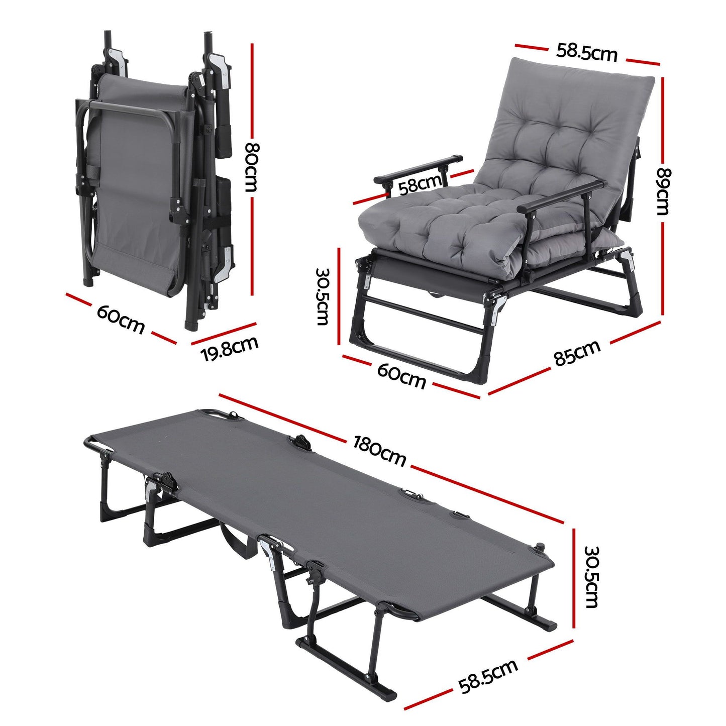 Cato 3-in-1 Sun Lounger Folding Camping Chair Adjustable Recliner Patio Furniture for Office Nap - Black