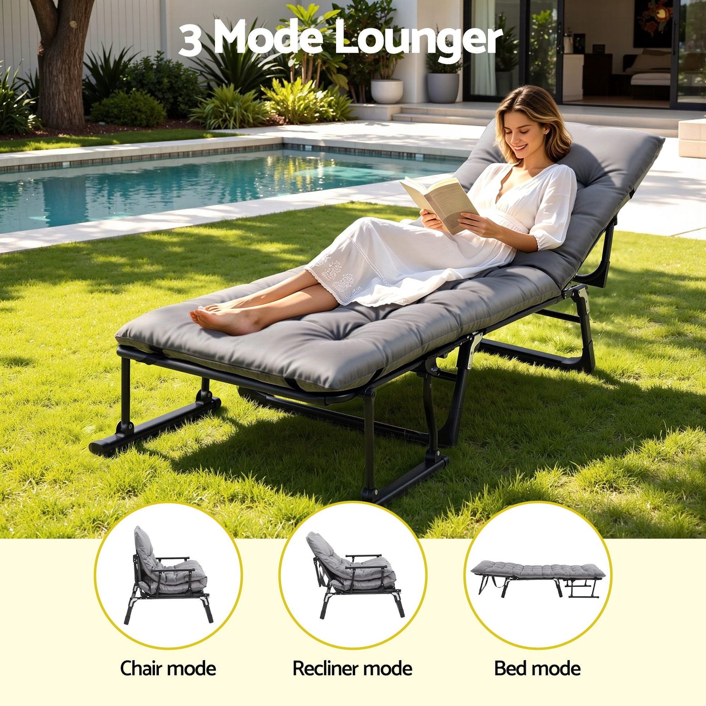 Cato 3-in-1 Sun Lounger Folding Camping Chair Adjustable Recliner Patio Furniture for Office Nap - Black