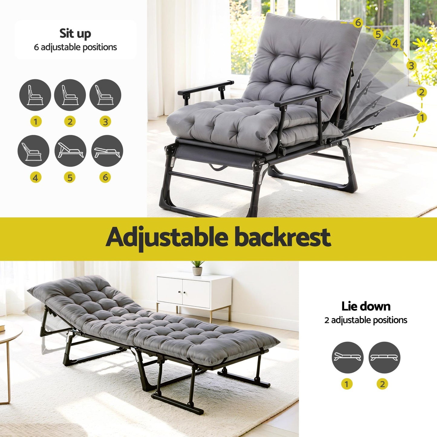 Cato 3-in-1 Sun Lounger Folding Camping Chair Adjustable Recliner Patio Furniture for Office Nap - Black