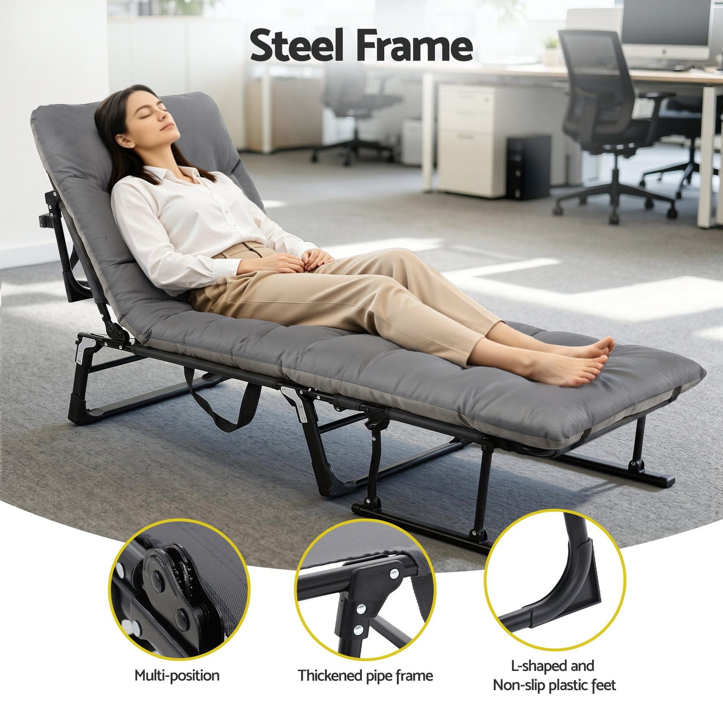 Cato 3-in-1 Sun Lounger Folding Camping Chair Adjustable Recliner Patio Furniture for Office Nap - Black