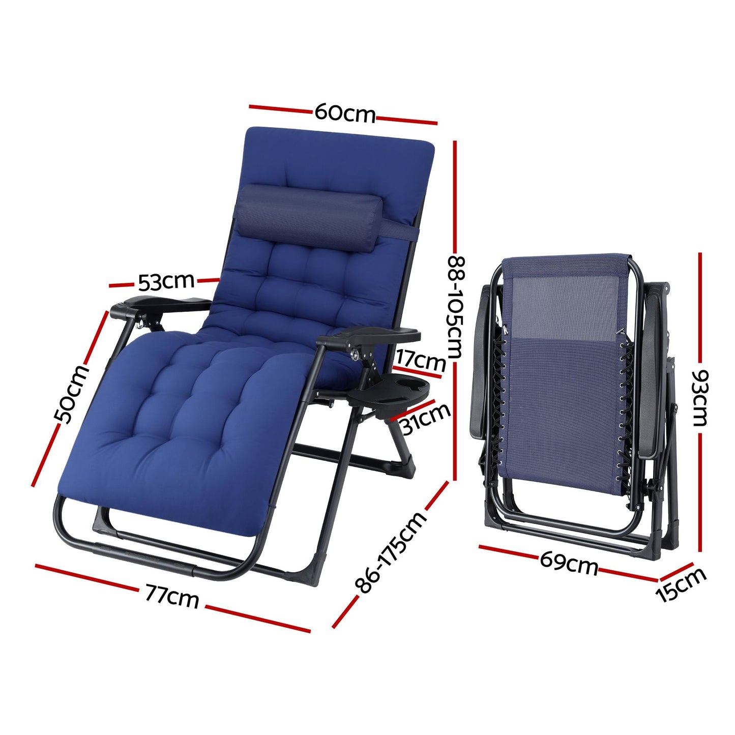 Corey Folding Lounger Camping Zero Gravity Chair Outdoor Furniture - XL Blue