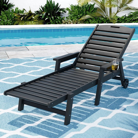 Nyelle Sun Lounge Beach Chair HDPE Patio Outdoor Furniture with Wheels - Black