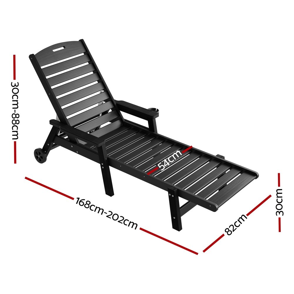 Nyelle Sun Lounge Beach Chair HDPE Patio Outdoor Furniture with Wheels - Black