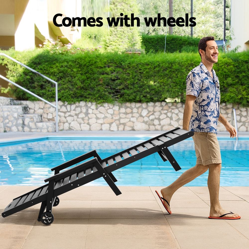Nyelle Sun Lounge Beach Chair HDPE Patio Outdoor Furniture with Wheels - Black