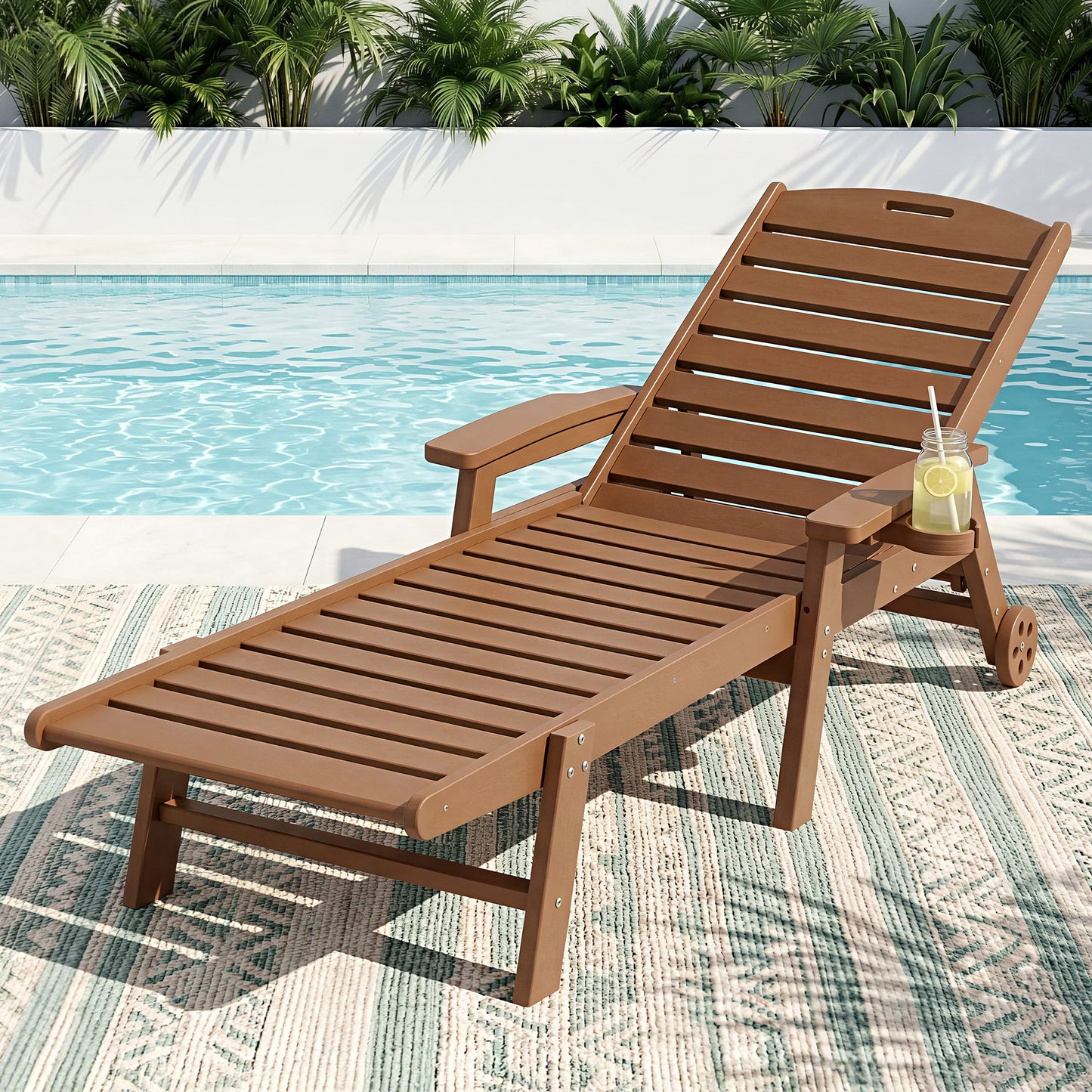 Nyelle Sun Lounge Beach Chair HDPE Patio Outdoor Furniture with Wheels - Brown