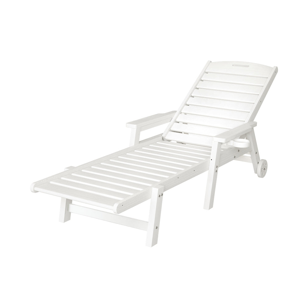 Nyelle Sun Lounge Beach Chair HDPE Patio Outdoor Furniture with Wheels - White
