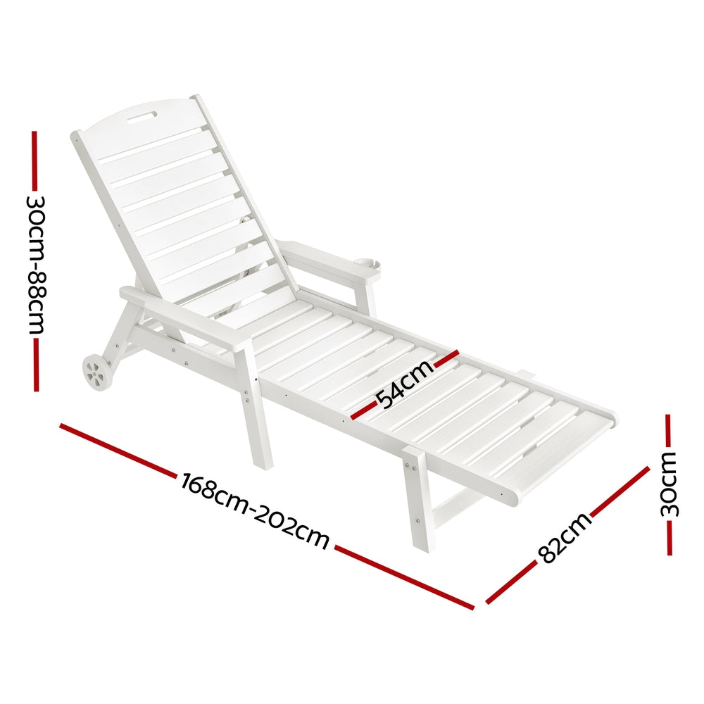 Nyelle Sun Lounge Beach Chair HDPE Patio Outdoor Furniture with Wheels - White