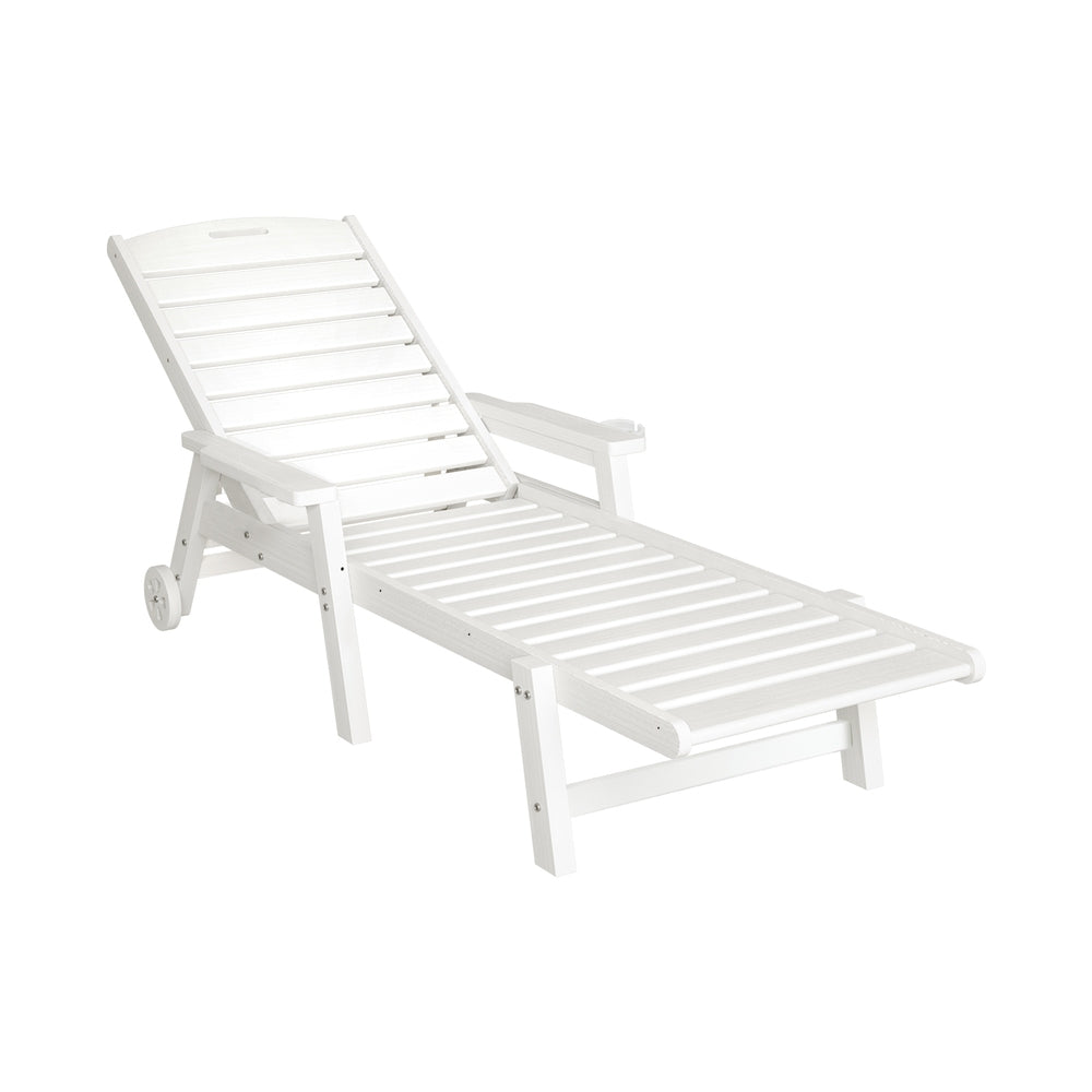 Nyelle Sun Lounge Beach Chair HDPE Patio Outdoor Furniture with Wheels - White