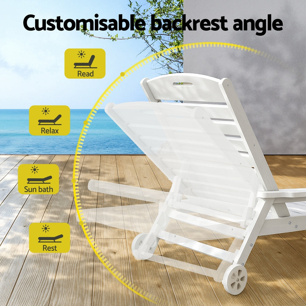 Nyelle Sun Lounge Beach Chair HDPE Patio Outdoor Furniture with Wheels - White