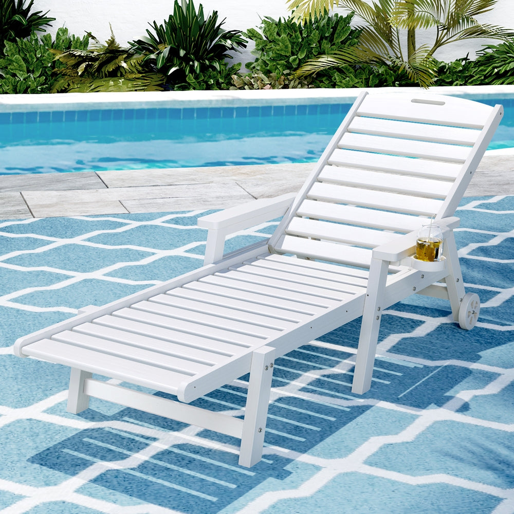 Nyelle Sun Lounge Beach Chair HDPE Patio Outdoor Furniture with Wheels - White