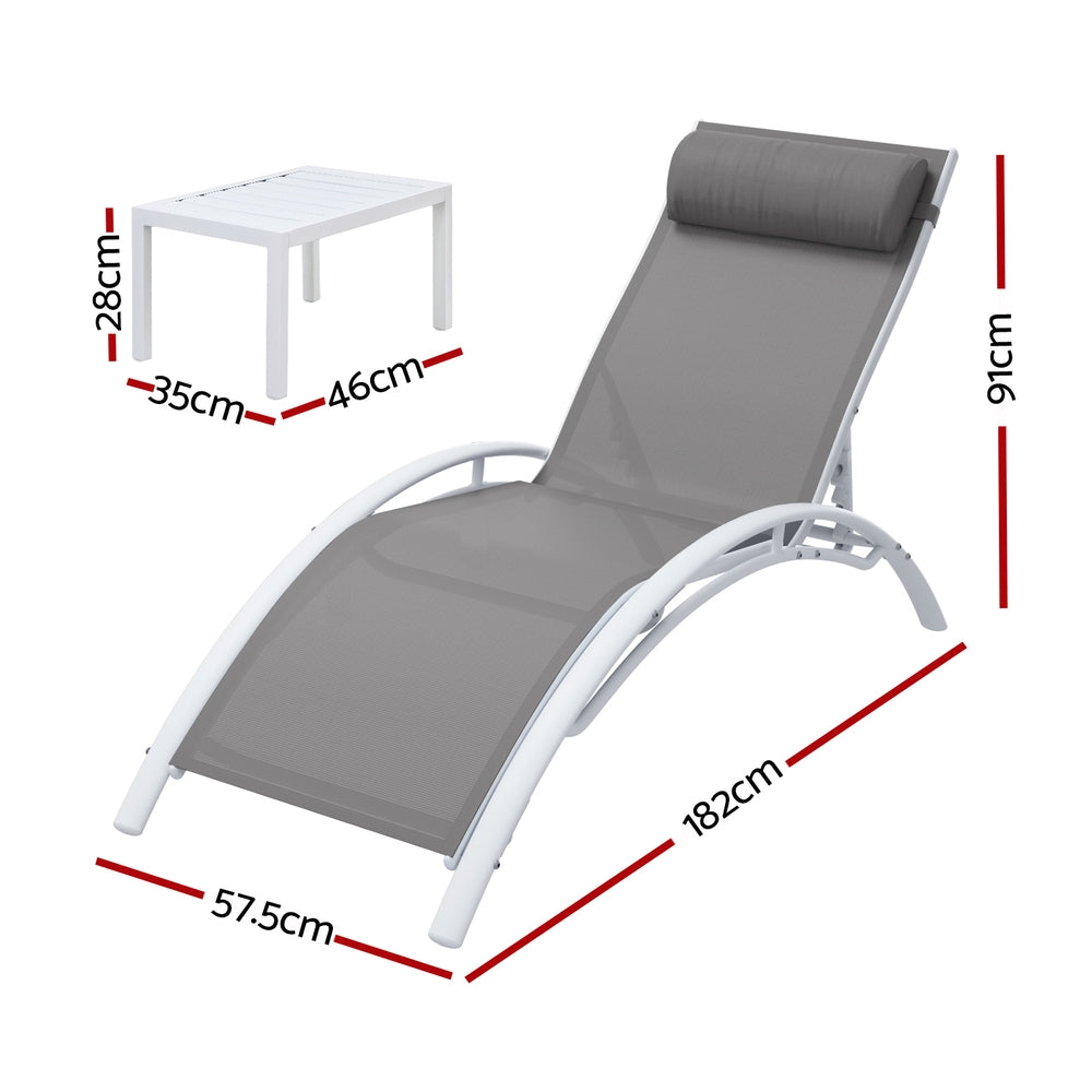 Graysen 3-Piece Sun Lounge Outdoor Lounger Steel Table Chairs Patio Furniture - White