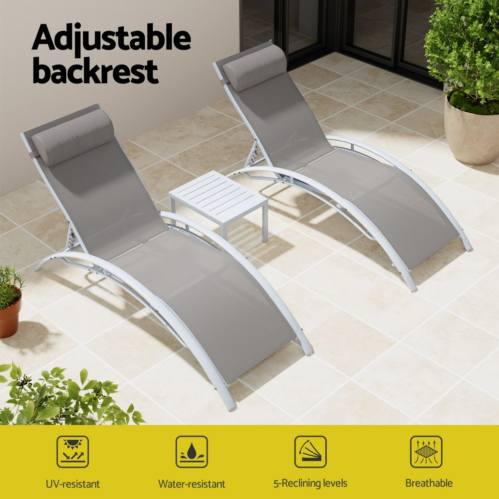 Graysen 3-Piece Sun Lounge Outdoor Lounger Steel Table Chairs Patio Furniture - White
