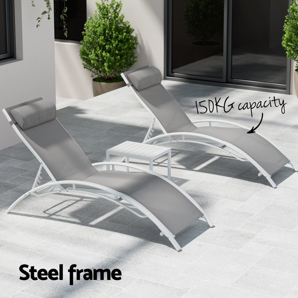 Graysen 3-Piece Sun Lounge Outdoor Lounger Steel Table Chairs Patio Furniture - White