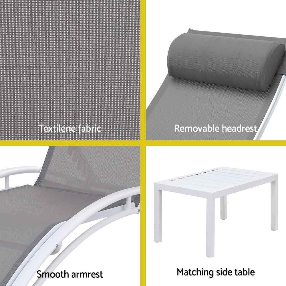 Graysen 3-Piece Sun Lounge Outdoor Lounger Steel Table Chairs Patio Furniture - White