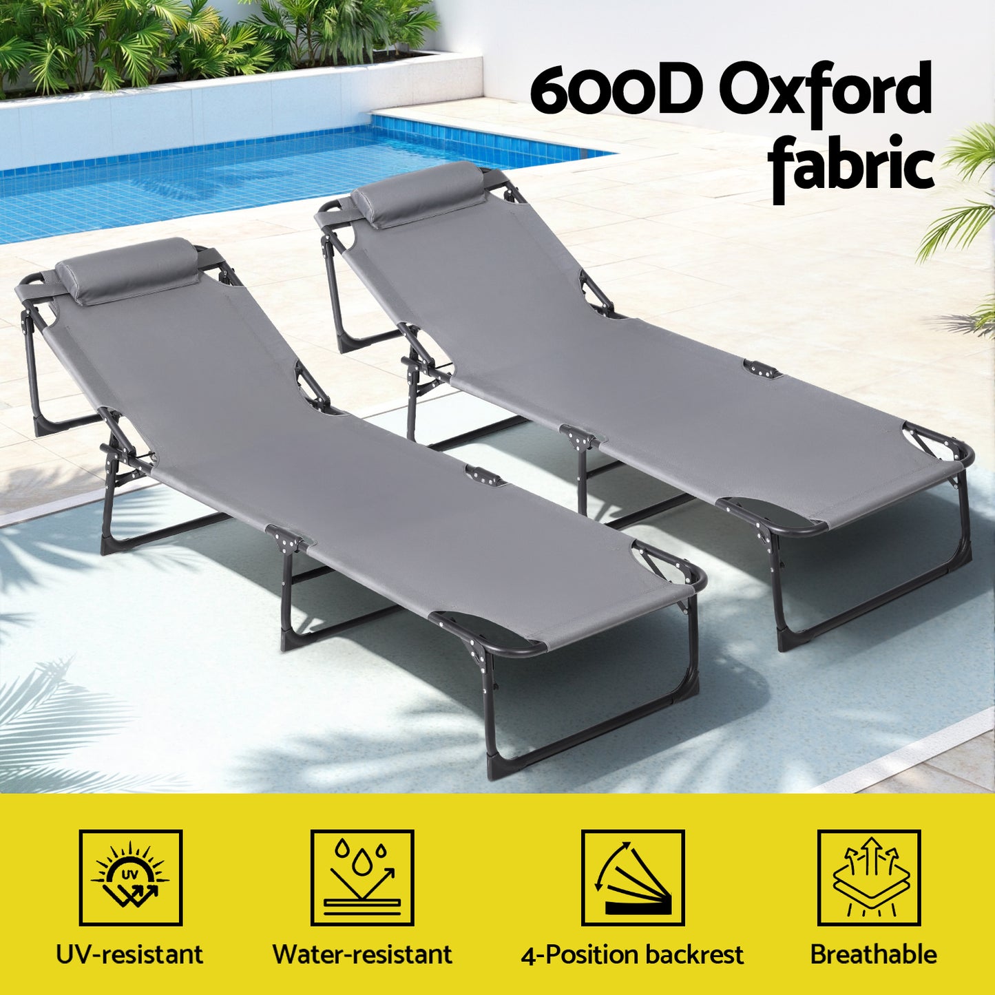 Quinlan Sun Lounger Folding Lounge Beach Chair Patio Outdoor Furniture - Grey