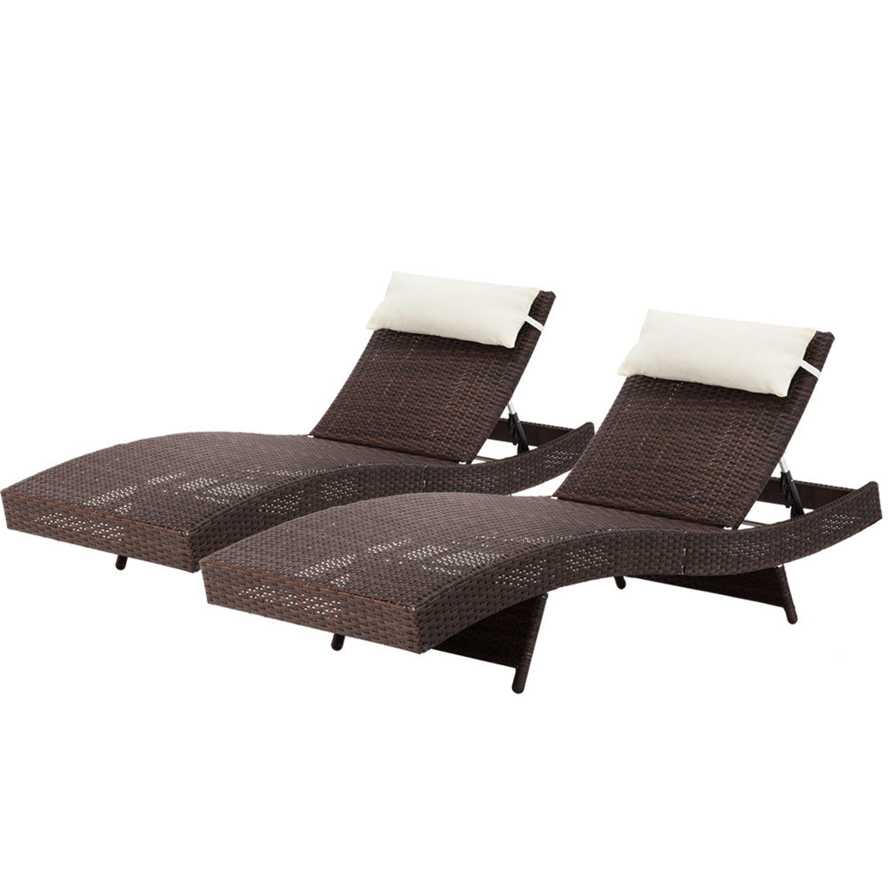 Travis Set of 2 Outdoor Sun Lounge Wicker Chair without Armrest - Brown