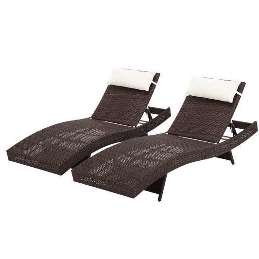 Travis Set of 2 Outdoor Sun Lounge Wicker Chair without Armrest - Brown