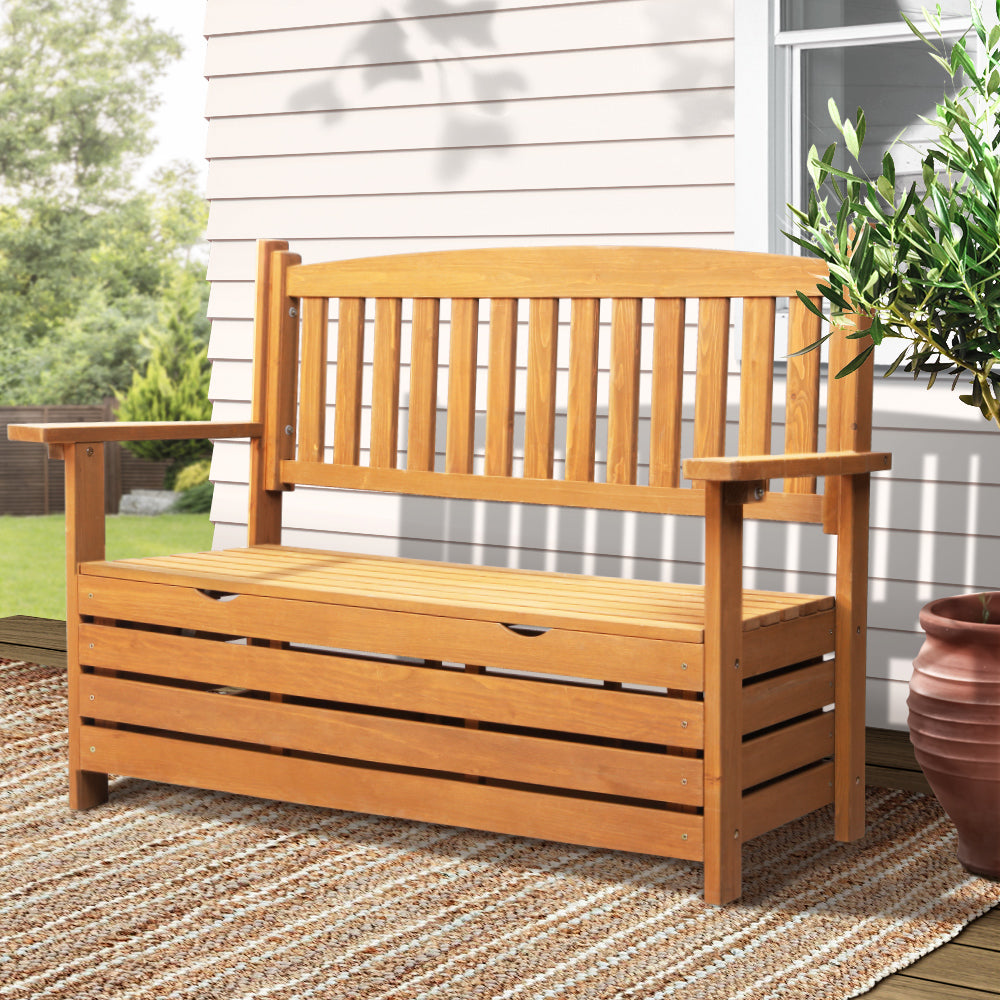 Thaloc Outdoor Storage Bench Box Wooden Garden Chair 2 Seat Timber Furniture - Natural