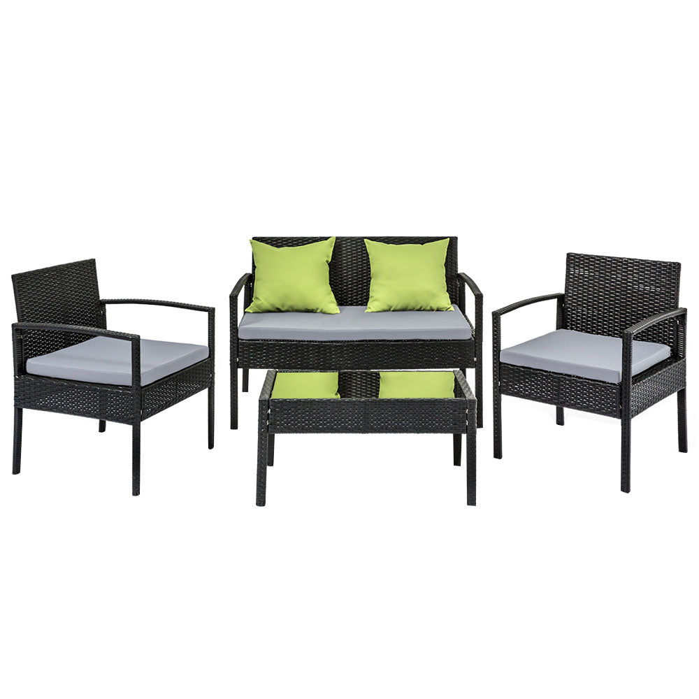 Dover 4-Seater Outdoor Set Furniture Lounge Setting Wicker Couches Garden Patio Pool 4-Piece Sofa - Black