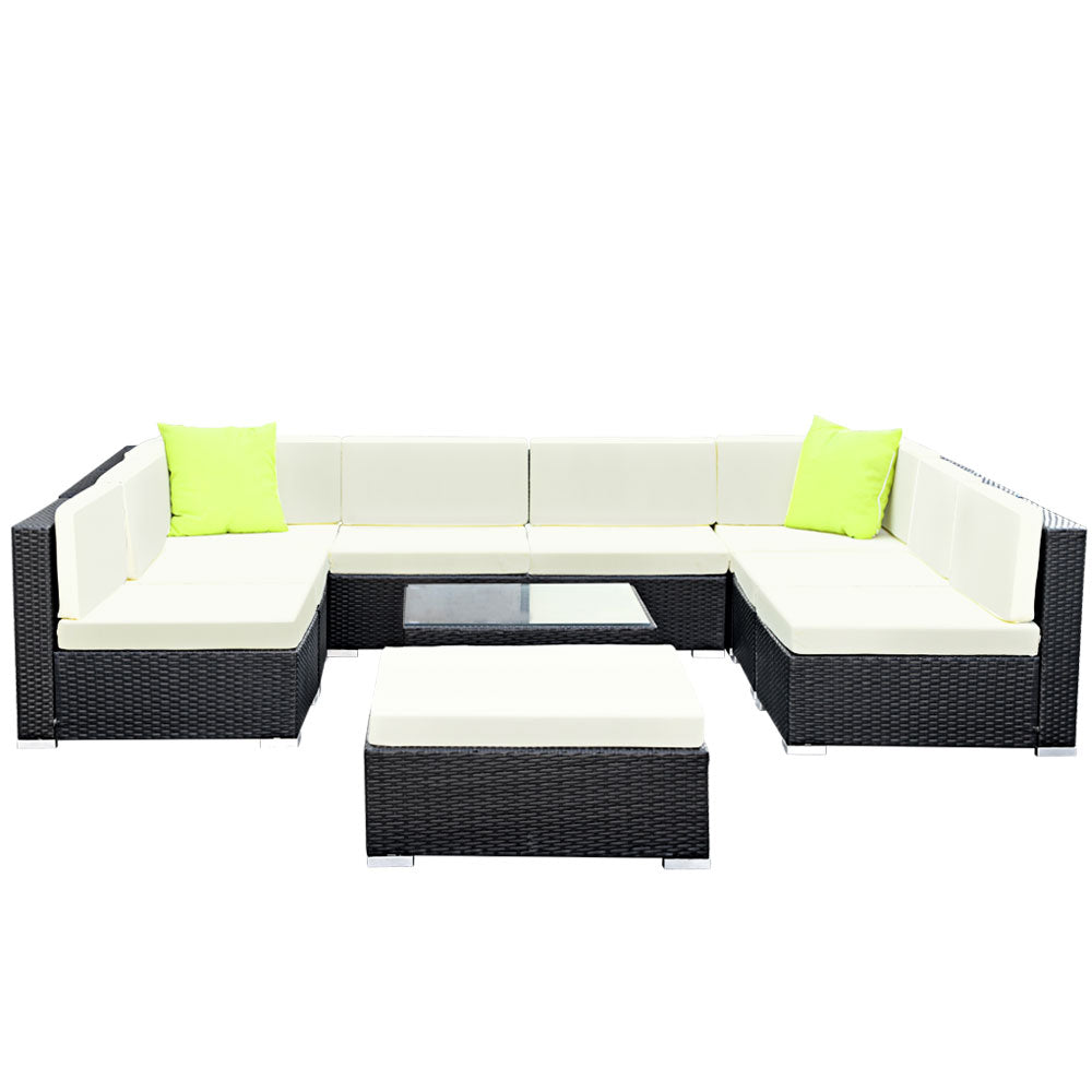 Chester 9-Seater Outdoor Set Furniture Wicker 10-Piece Sofa with Storage Cover - Black