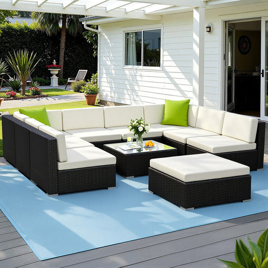 Chester 9-Seater Outdoor Set Furniture Wicker 10-Piece Sofa with Storage Cover - Black