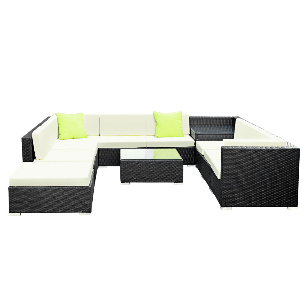 Chester 10-Seater Outdoor Set Furniture Wicker 11-Piece Sofa with Storage Cover - Black