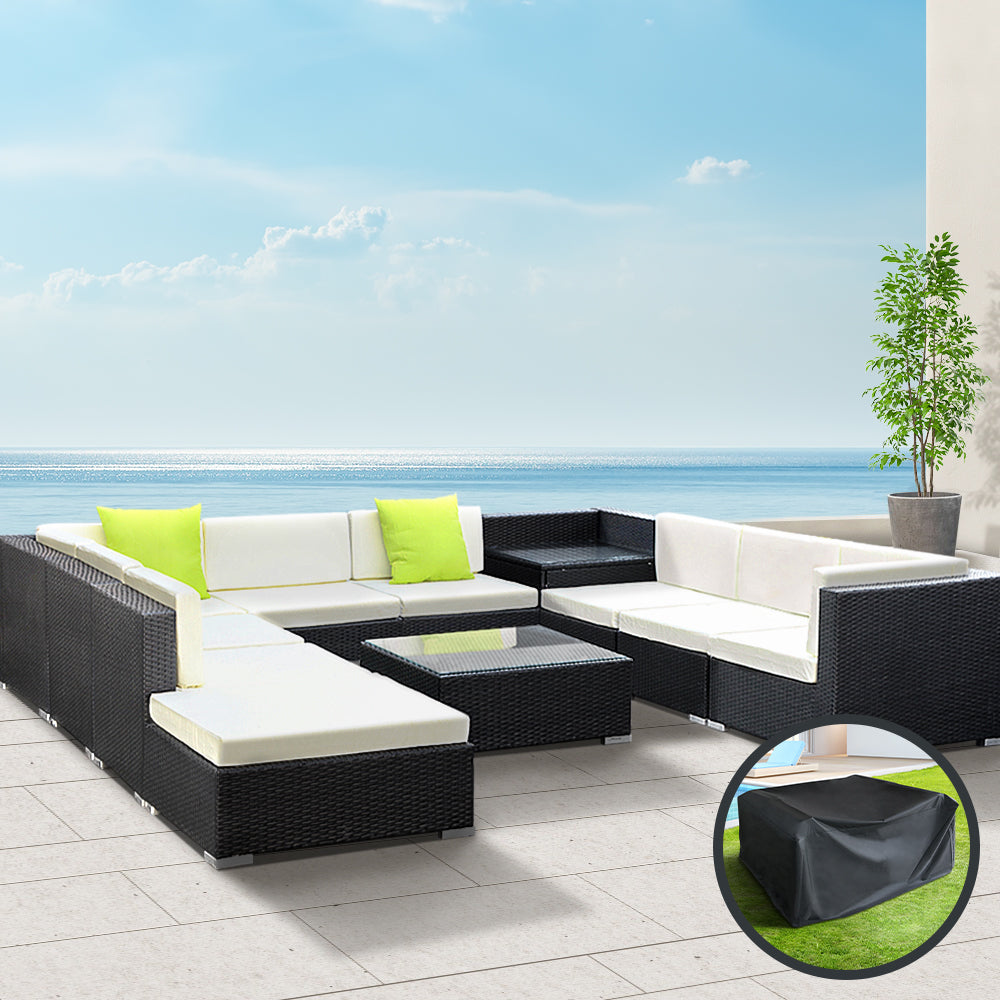 Chester 10-Seater Outdoor Set Furniture Wicker 11-Piece Sofa with Storage Cover - Black