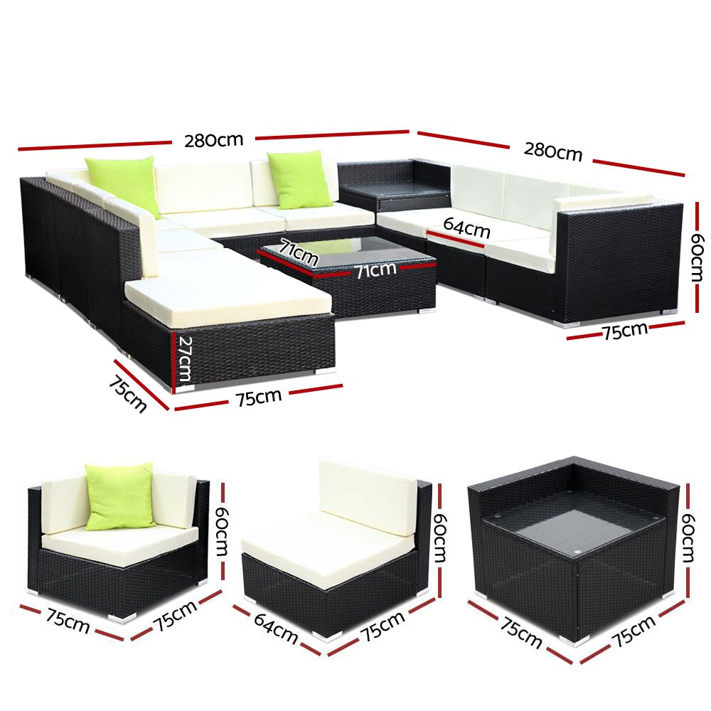 Chester 10-Seater Furniture Set Wicker Garden Patio Lounge 11-Piece Outdoor Sofa - Black