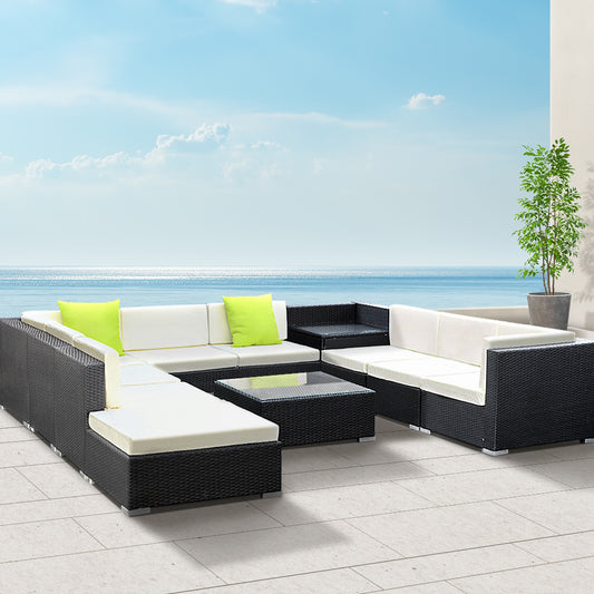 Chester 10-Seater Furniture Set Wicker Garden Patio Lounge 11-Piece Outdoor Sofa - Black