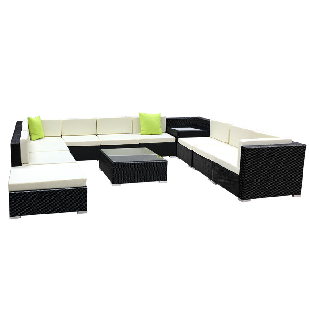 Chester 11-Seater Outdoor Set Furniture Wicker 12-Piece Sofa with Storage Cover - Black