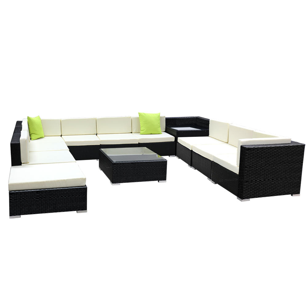 Chester 11-Seater Furniture Set Wicker Garden Patio Lounge 12-Piece Outdoor Sofa - Black