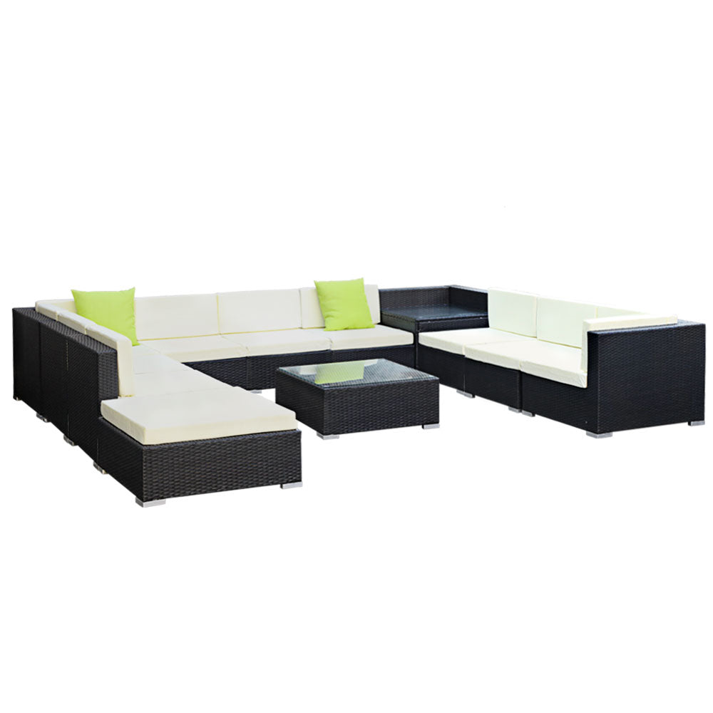 Chester 11-Seater Furniture Set Wicker Garden Patio Lounge 12-Piece Outdoor Sofa - Black